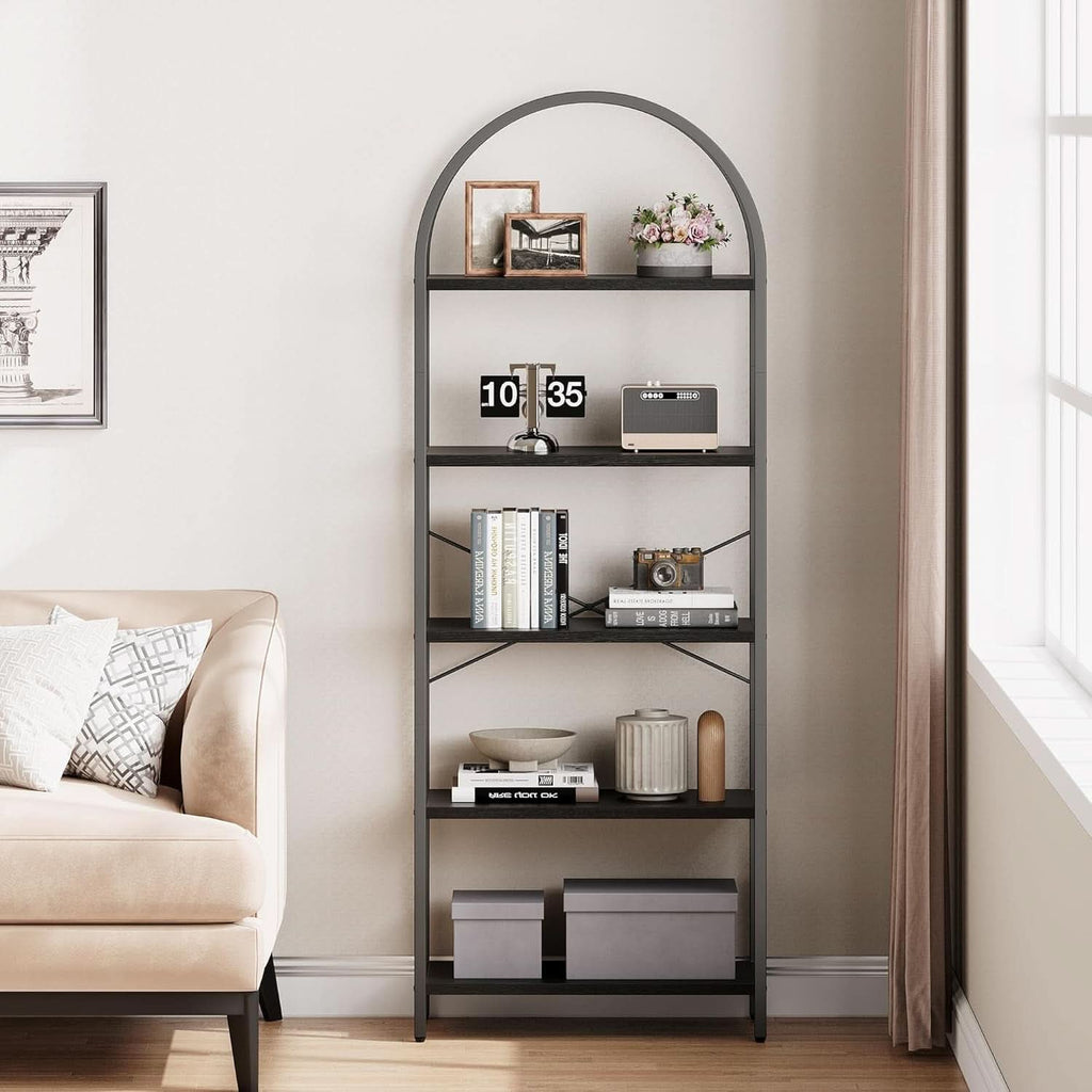 Tall Black Arched Bookcase with 5 Open Shelves