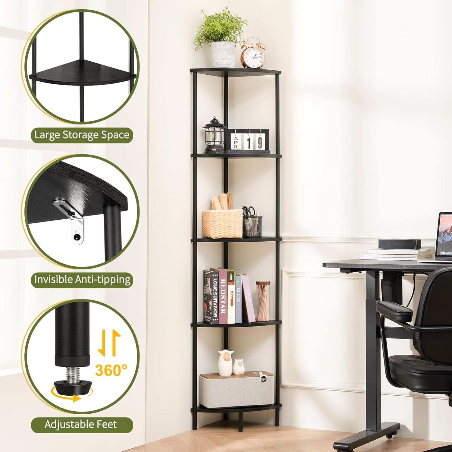 65 Inch Corner Shelf Stand 5 Tier Bookshelf For Home