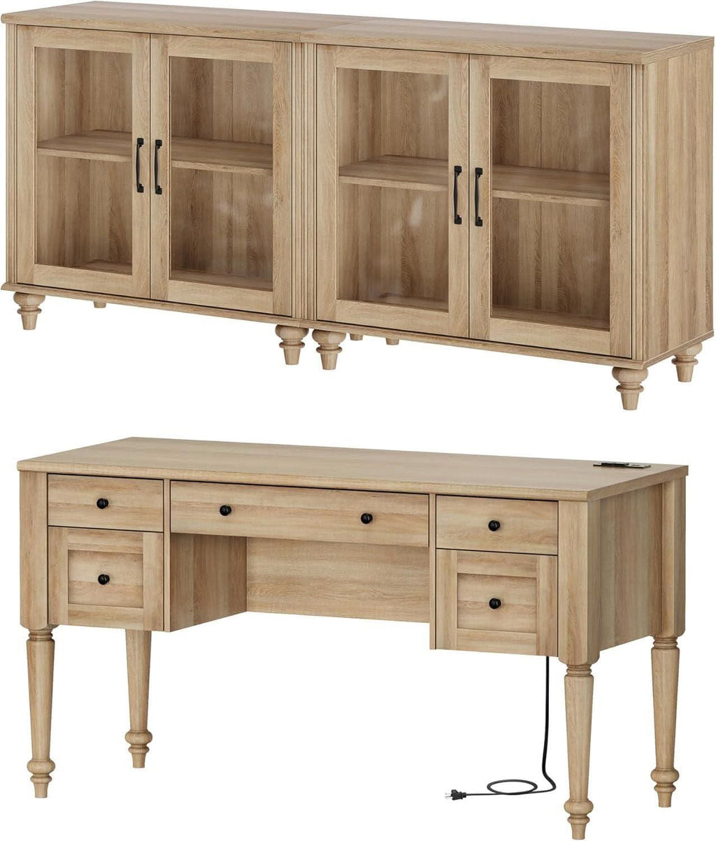 Distressed Oak Executive Desk with Glass Storage Cabinet