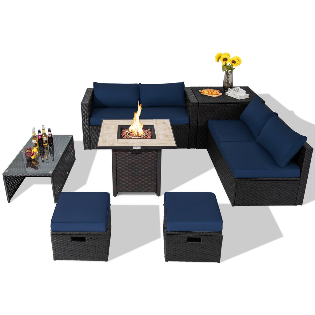 9 Pieces Outdoor PE Rattan Wicker Sectional Sofa with 42 Inch Gas Fire Pit Table