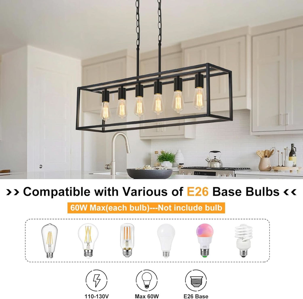 Six Light Black Linear Chandelier With Adjustable Height