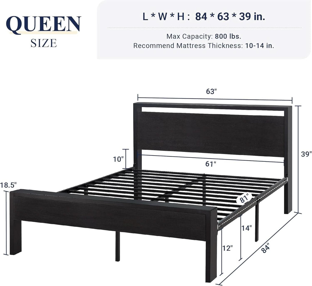 Queen Platform Bed Frame With Wooden Headboard And Footboard Black Oak