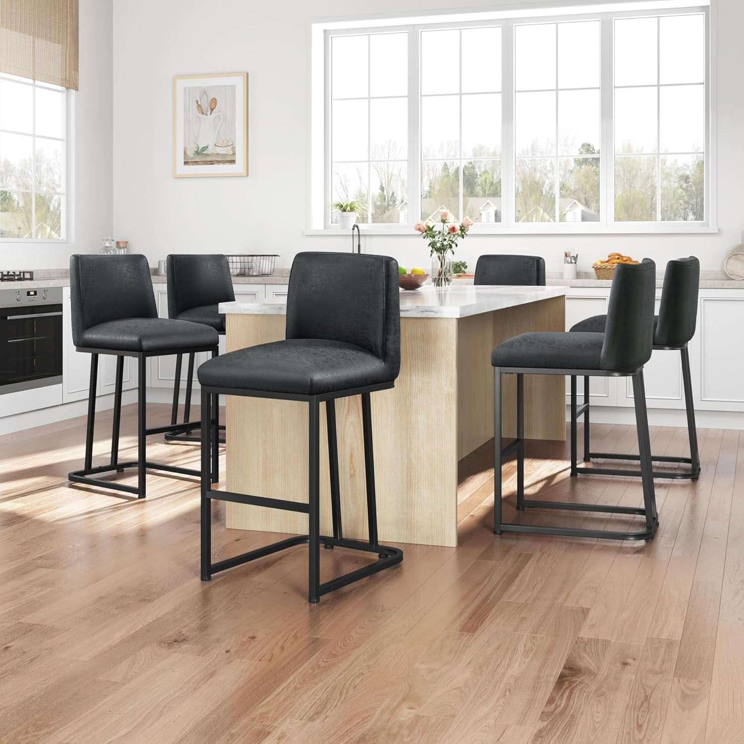 24 Inch Dark Gray Leather Counter Height Bar Stools Set 2