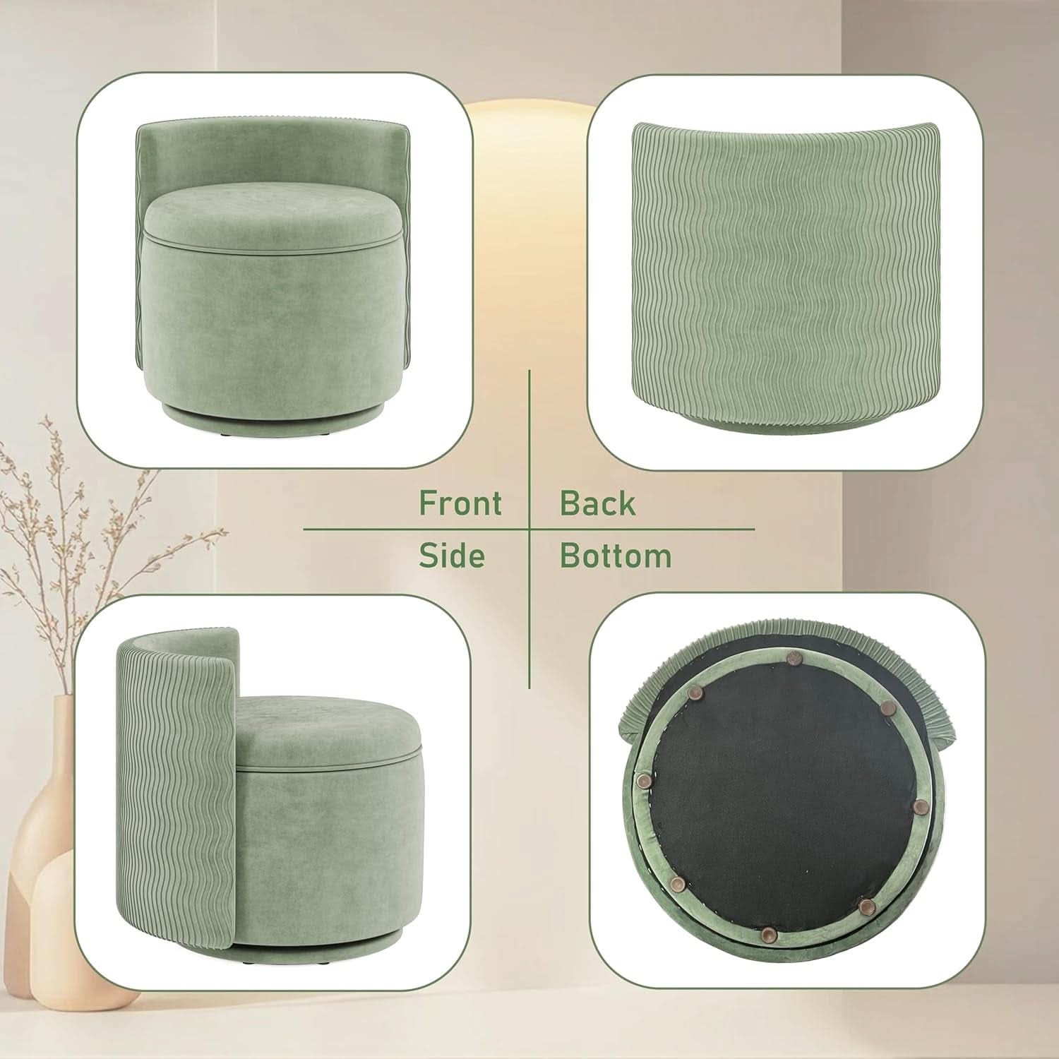 Emerald Velvet Vanity Ottoman With 360DegreeSwivel