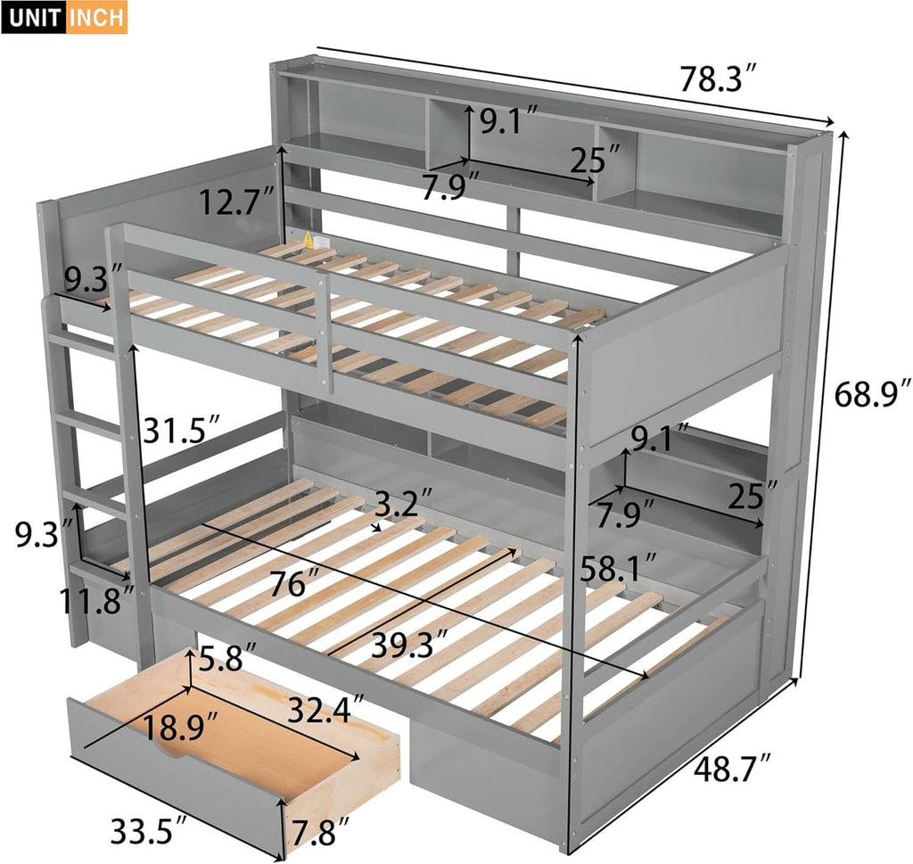 Grey Wood Twin Over Twin Bunk Bed With Storage Shelves And Drawer
