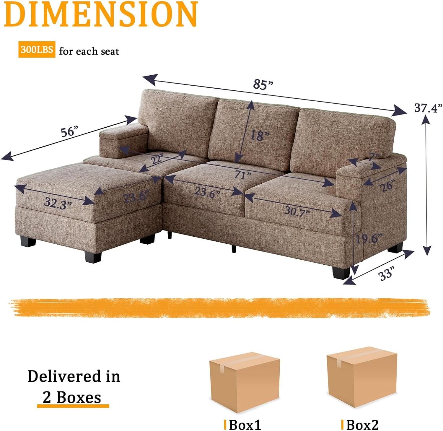 85-Inch L-Shaped Sofa with Ottoman