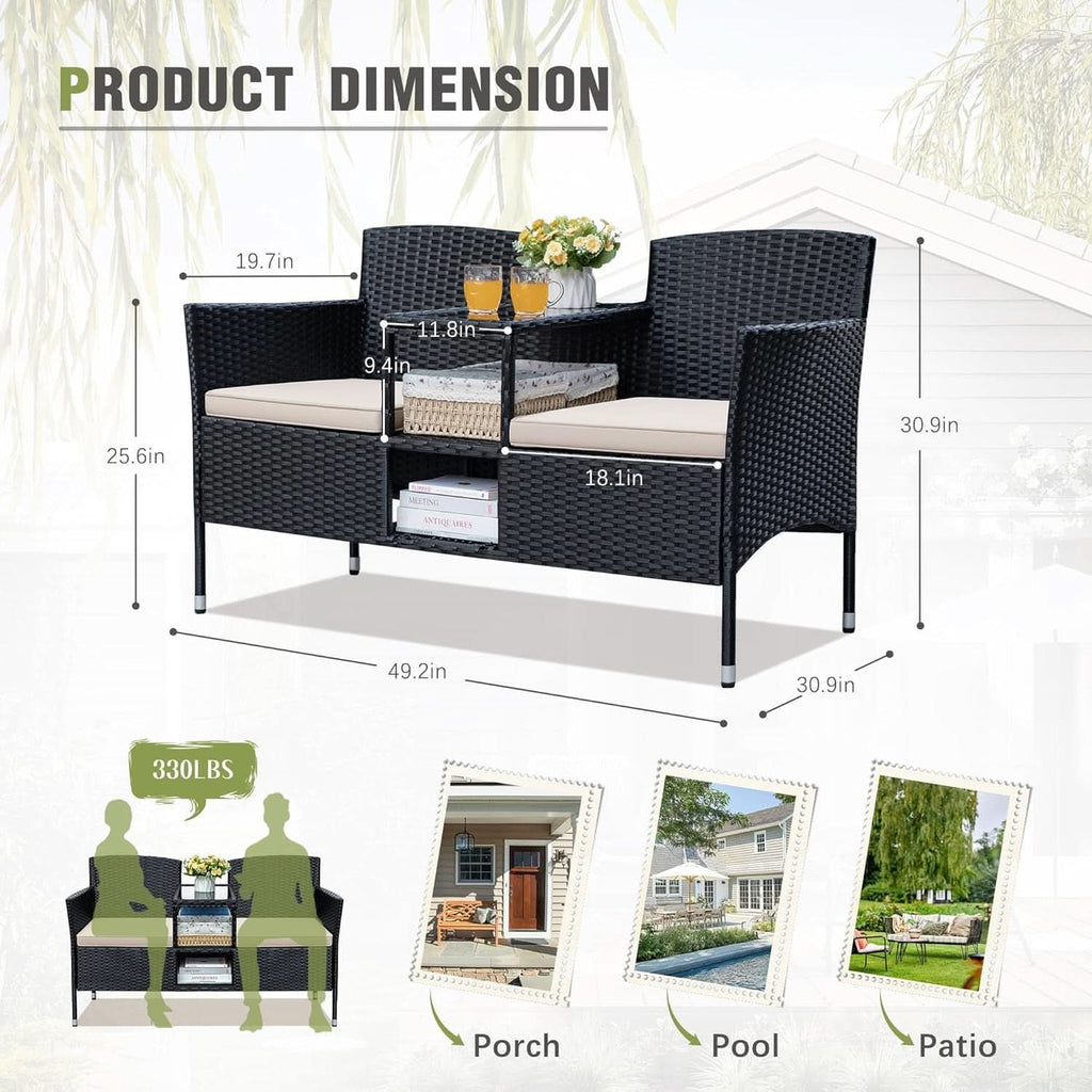 Patio Loveseat Outdoor Wicker Conversation Set With Built In Coffee Table Beige