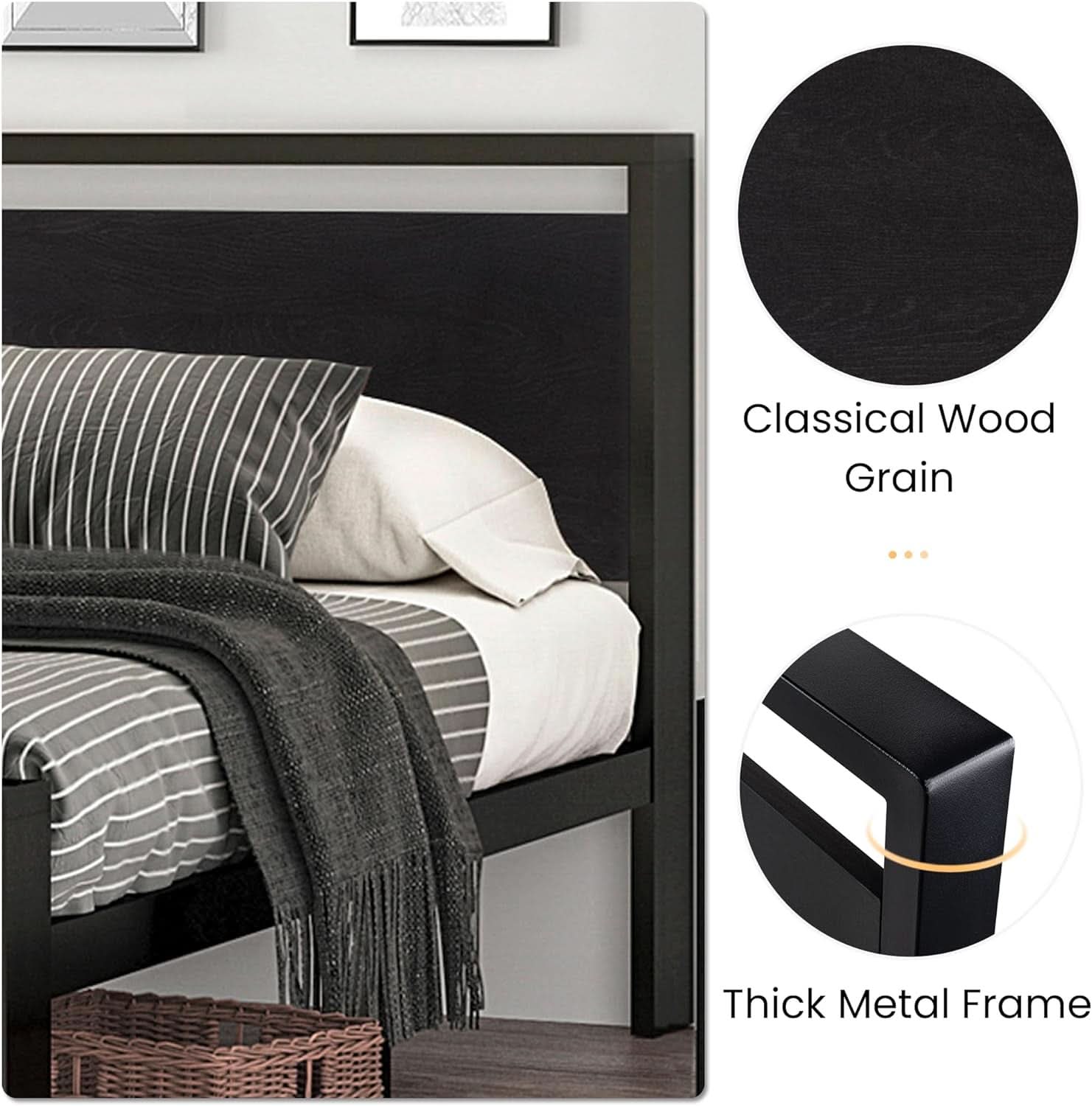 Sturdy Metal Platform Bed Frame With Wooden Headboard 800Lb