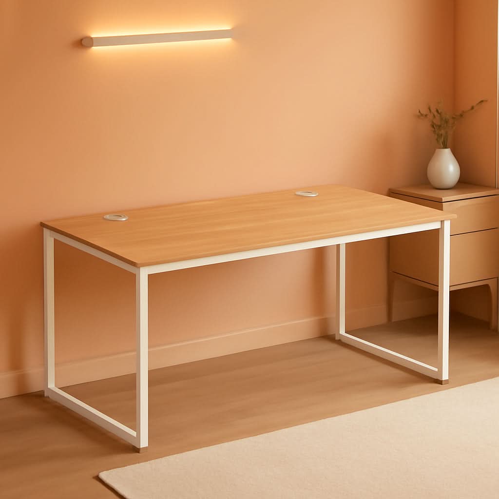 55 Inch Oak Top Desk With White Steel Frame For Home Office