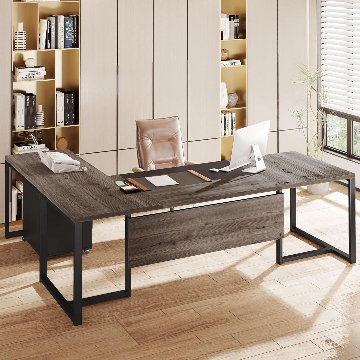 Extra-Large L-Shaped Executive Desk in Retro Gray