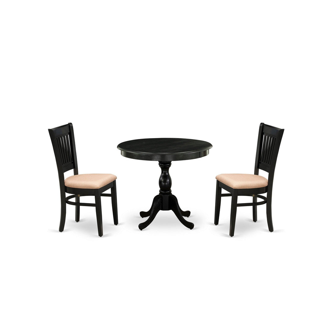 3-Piece Black Round Kitchen Dining Set with Fabric Chairs