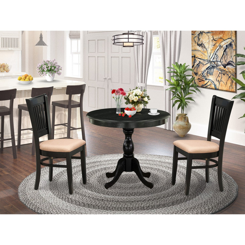 3-Piece Black Round Kitchen Dining Set with Fabric Chairs