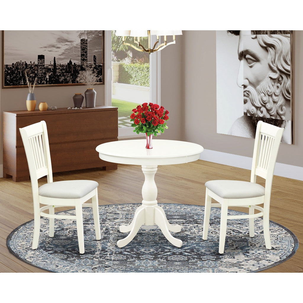 3-Piece Linen White Round Kitchen Dining Set with Fabric Chairs