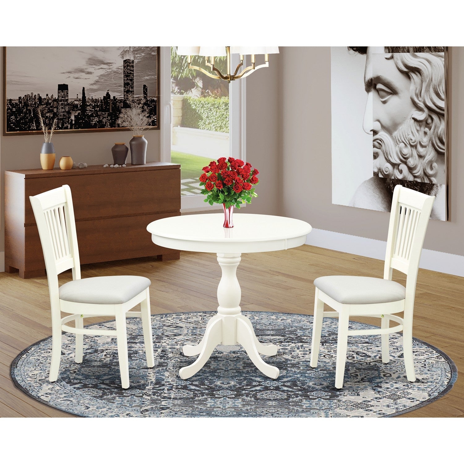 3-Piece Linen White Round Kitchen Dining Set with Fabric Chairs