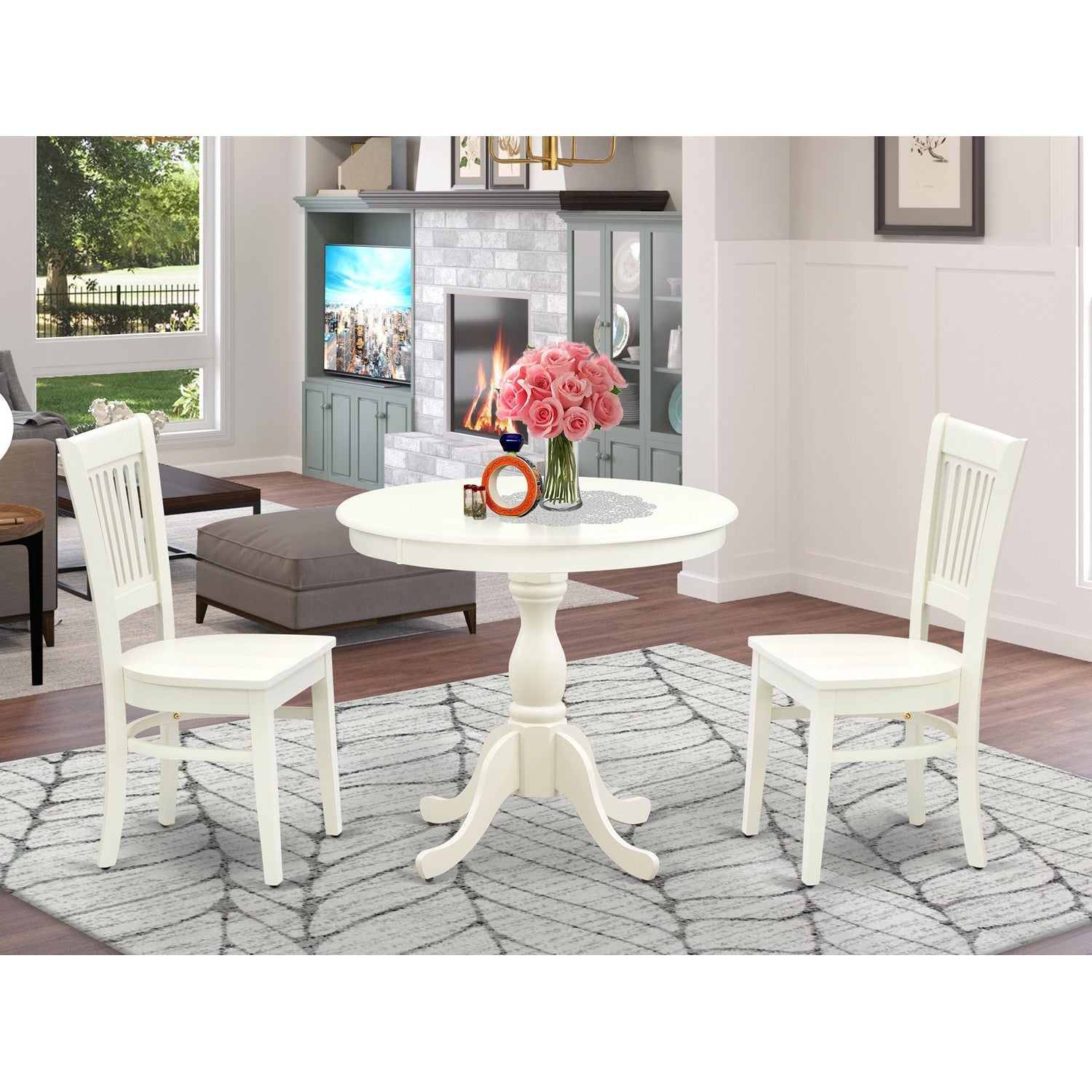 3-Piece Linen White Kitchen Dining Set with Wood Chairs