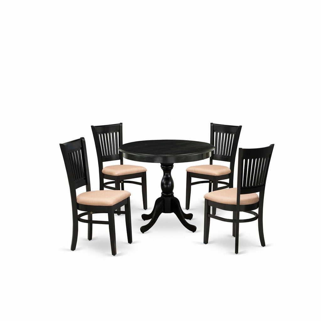 5-Piece Black Round Kitchen Dining Set with Fabric Chairs