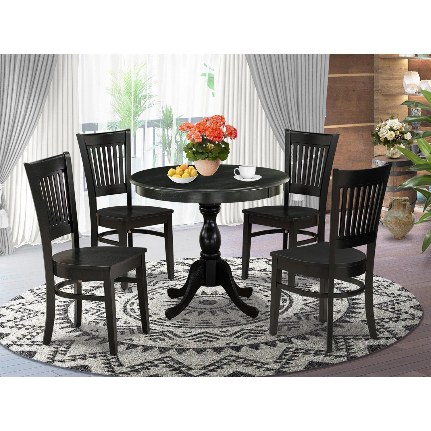 5-Piece Black Round Kitchen Dining Set with Wood Chairs