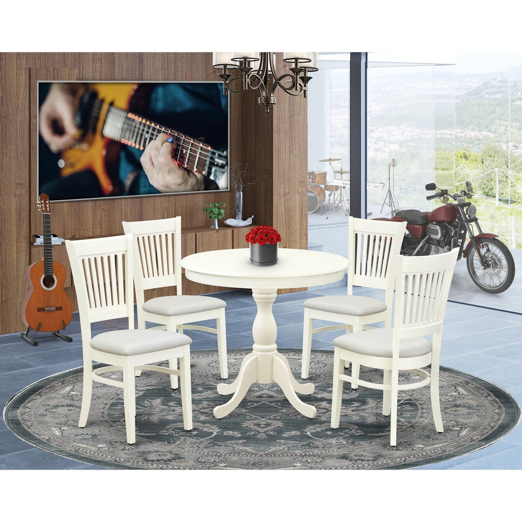 5-Piece Linen White Round Kitchen Dining Set with Fabric Chairs