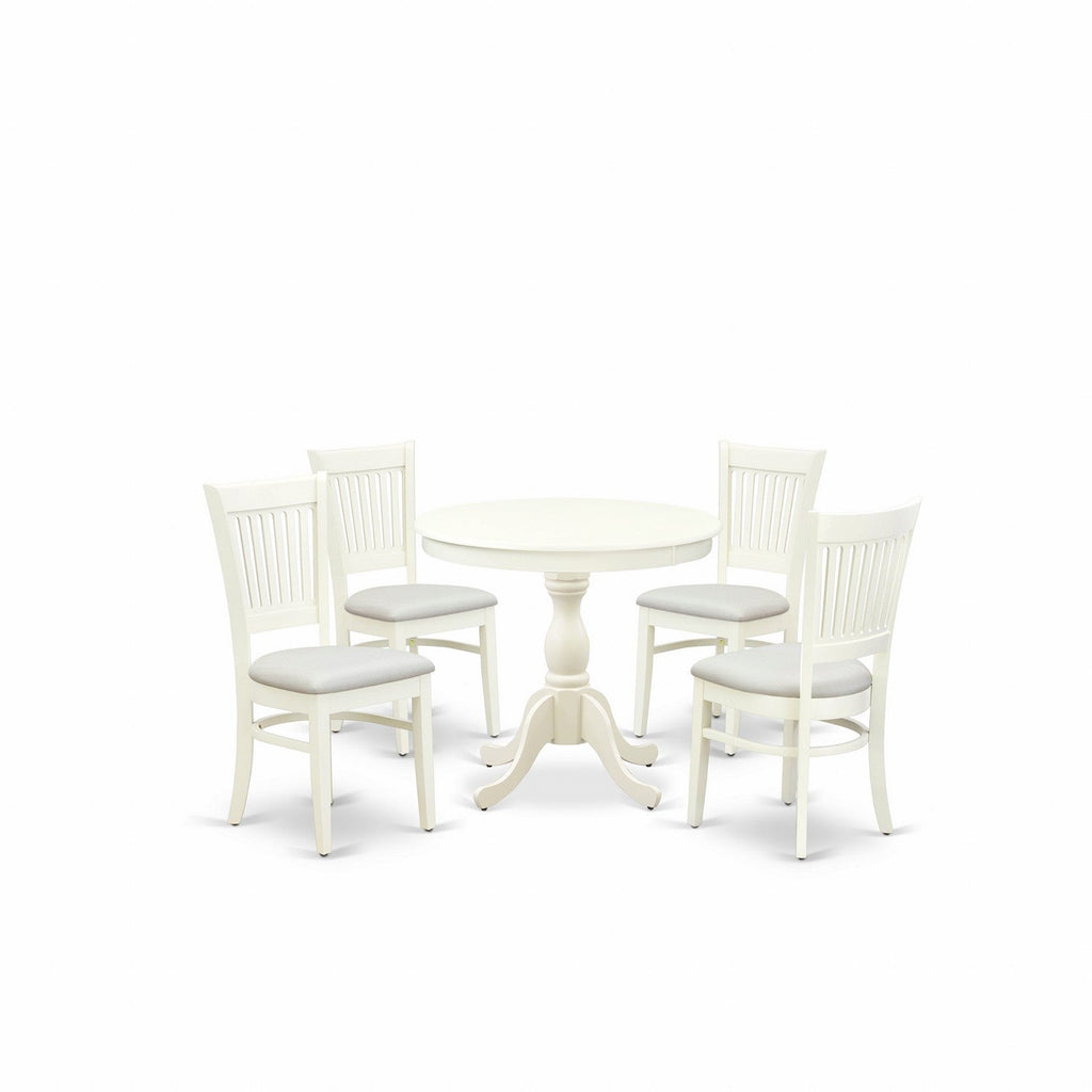 5-Piece Linen White Round Kitchen Dining Set with Fabric Chairs