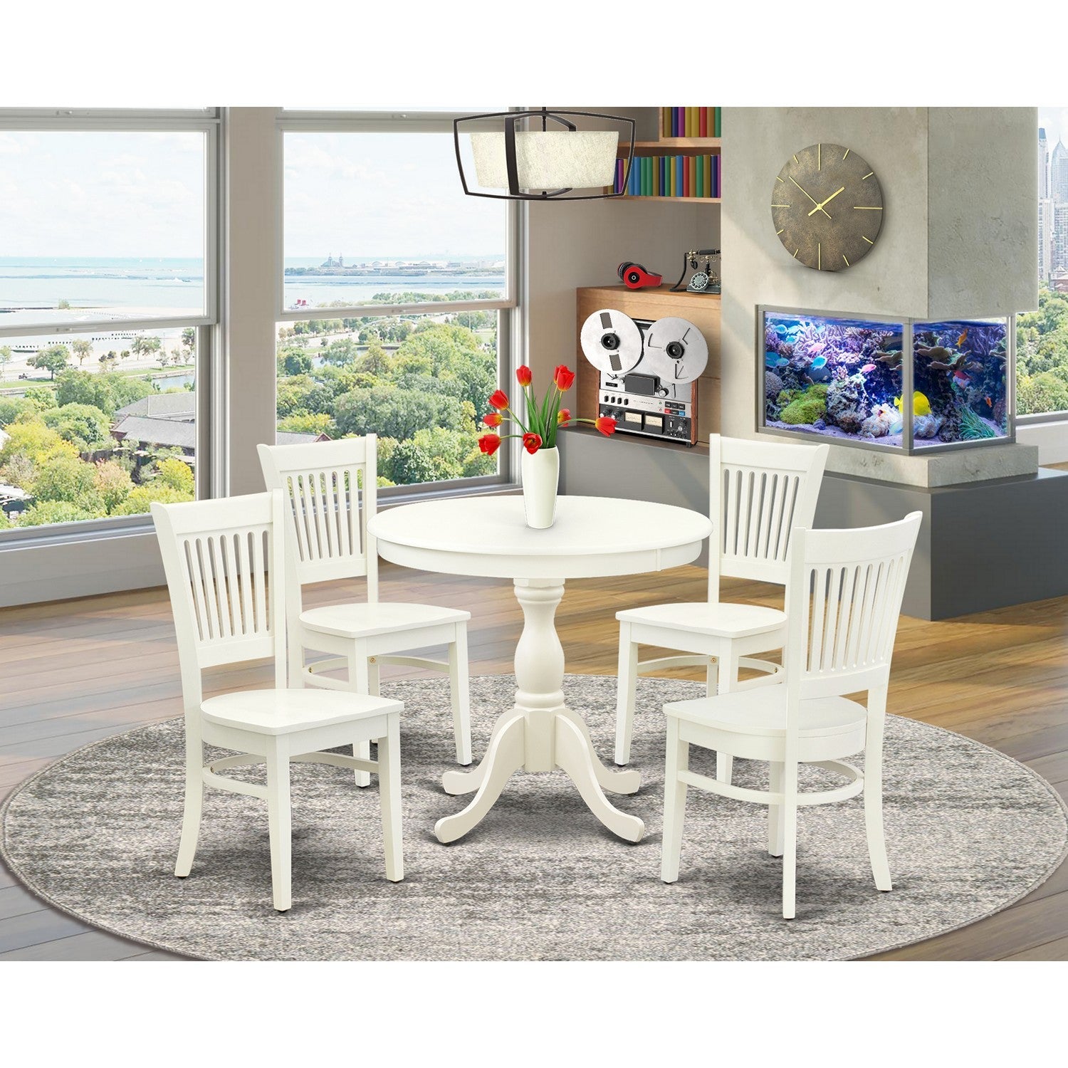 5-Piece Linen White Round Kitchen Dining Set with Wood Chairs