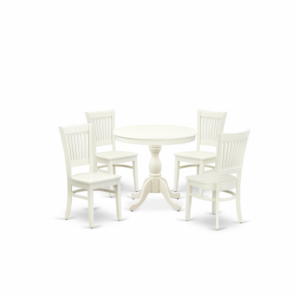 5-Piece Linen White Round Kitchen Dining Set with Wood Chairs