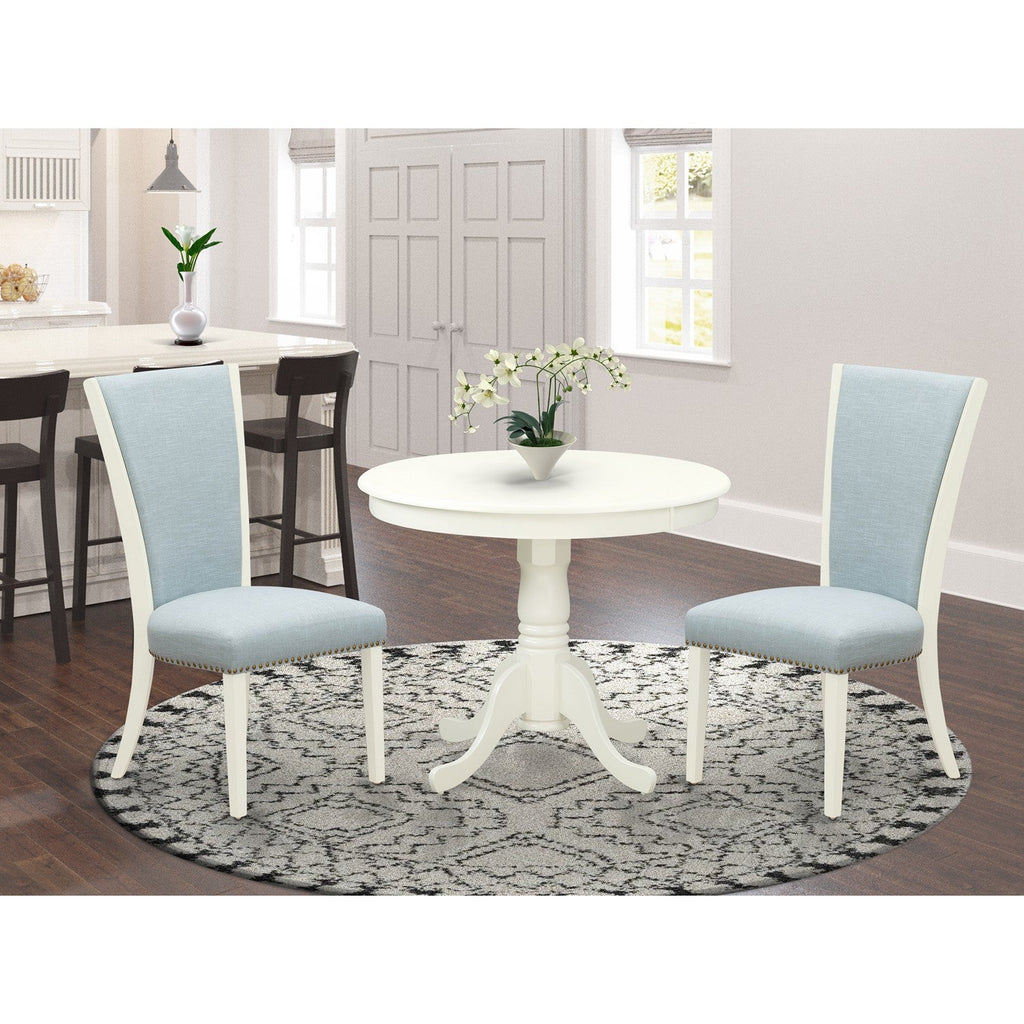 3-Piece Linen White Dining Set with Blue Fabric Chairs