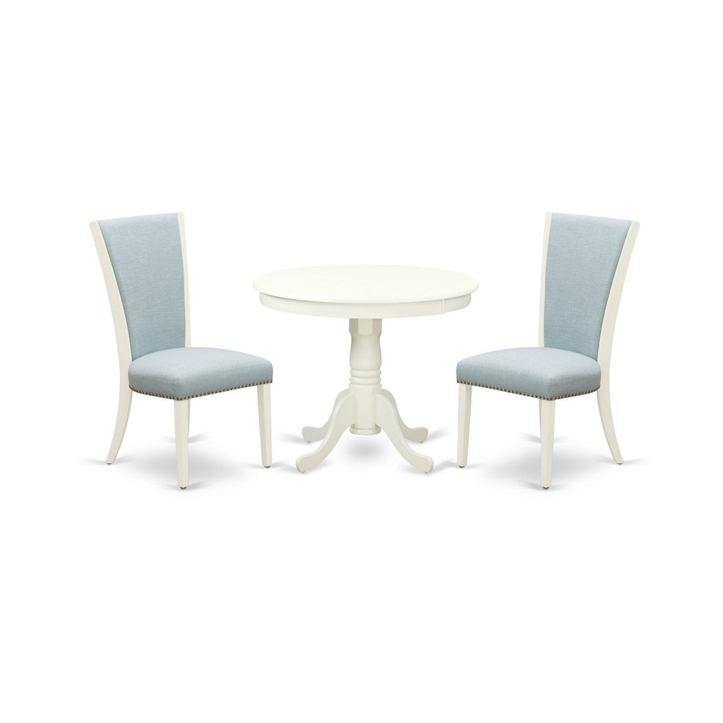 3-Piece Linen White Dining Set with Blue Fabric Chairs