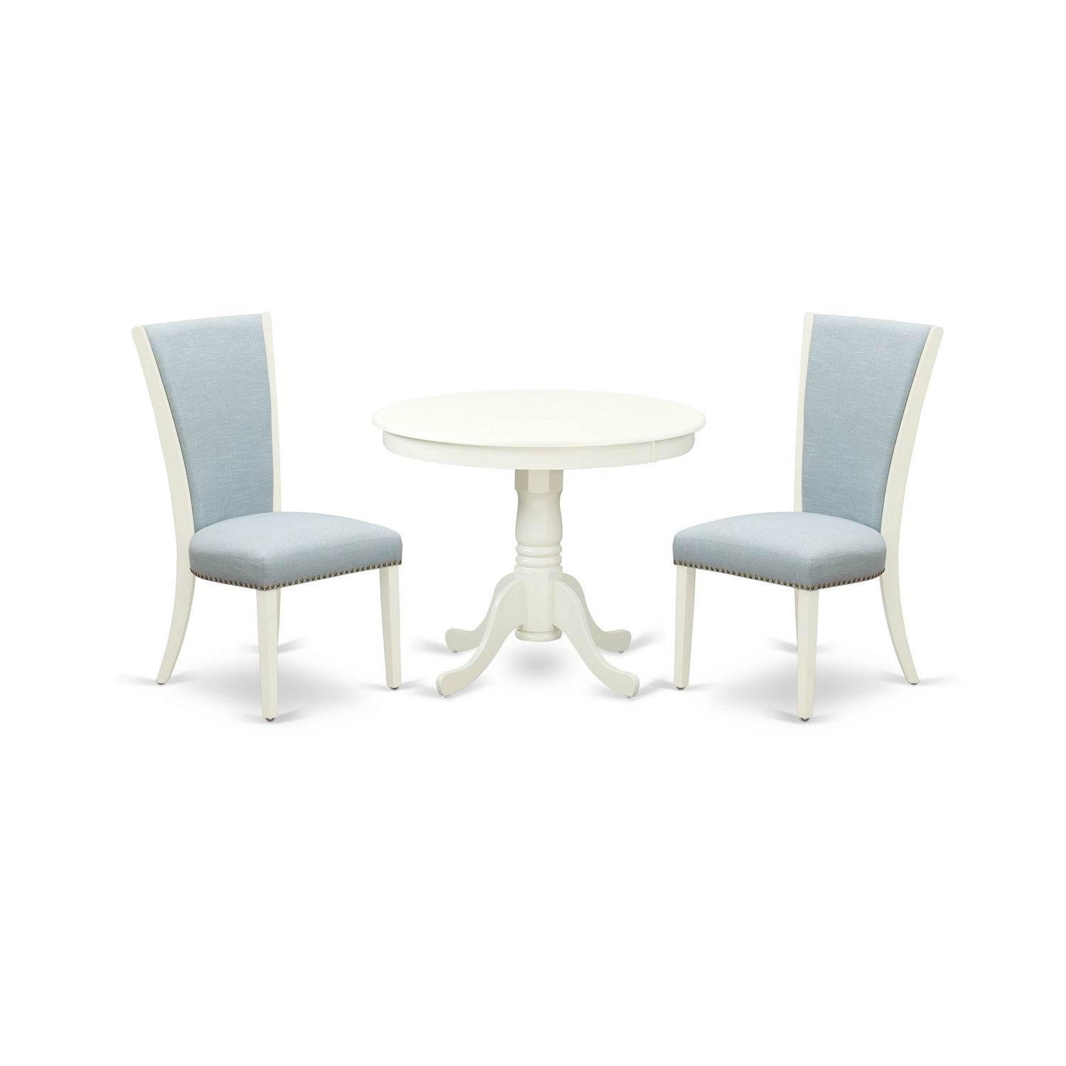 3-Piece Linen White Dining Set with Blue Fabric Chairs
