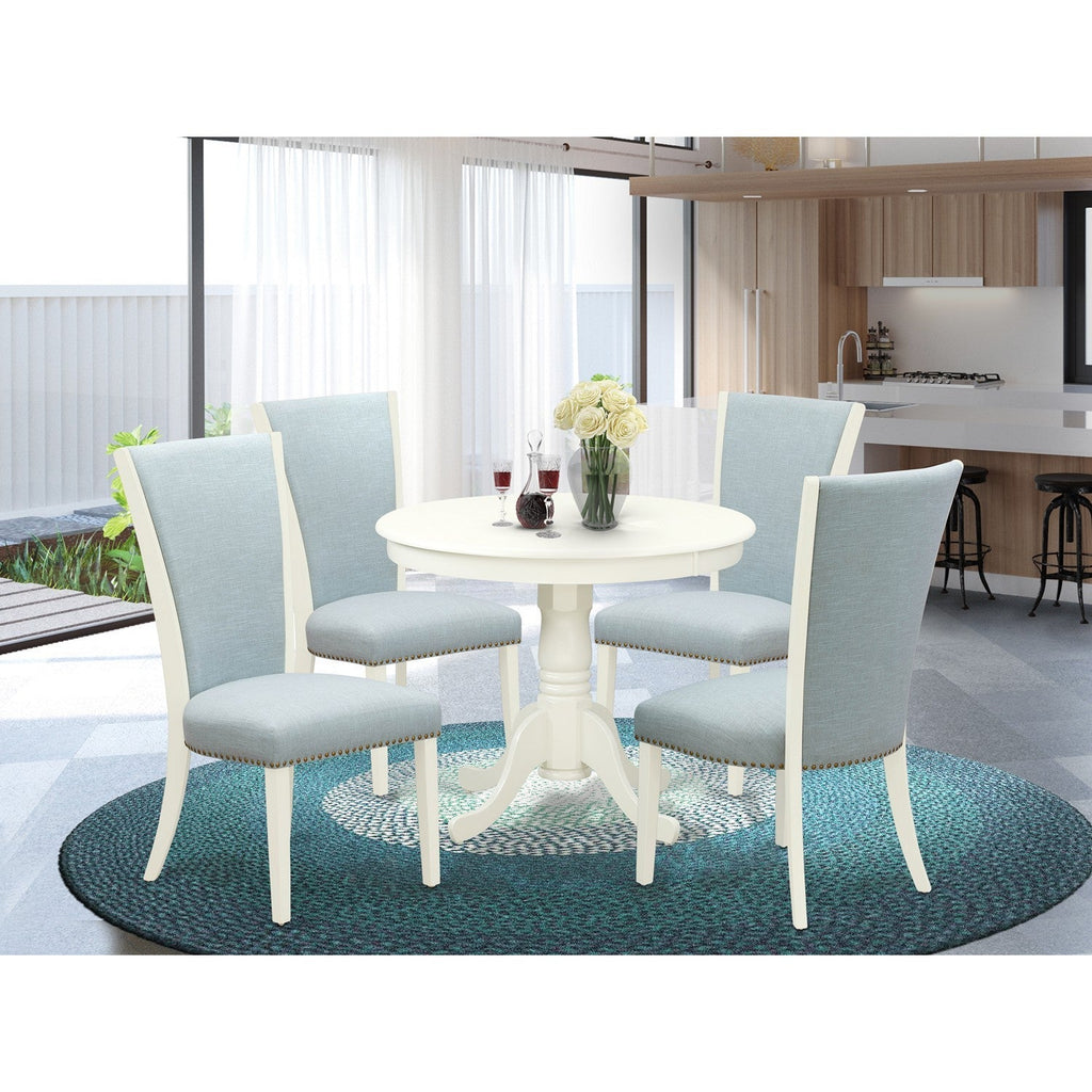 5-Piece Linen White Dining Set with Blue Fabric Chairs