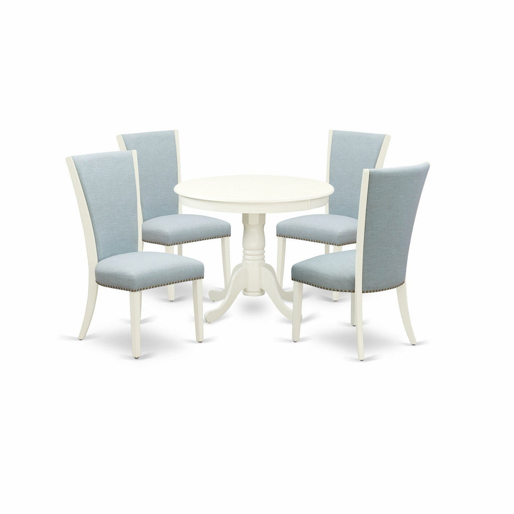 5-Piece Linen White Dining Set with Blue Fabric Chairs