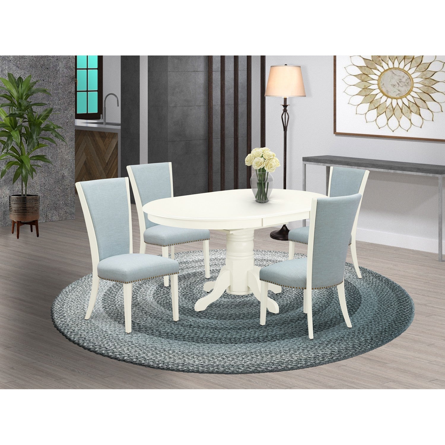 5-Piece Oval Dining Set with Blue Upholstered Chairs
