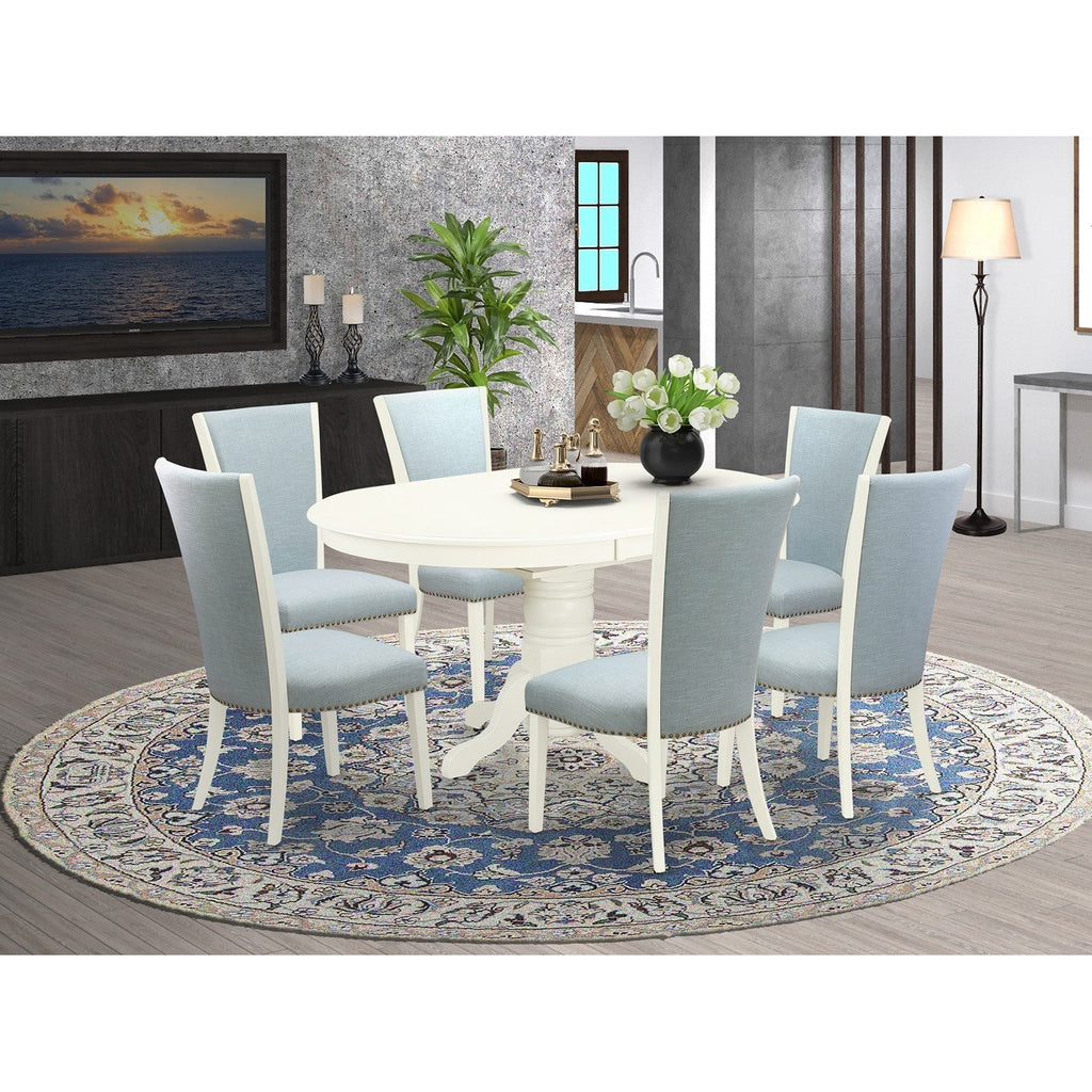 7-Piece Oval Dining Set with Blue Upholstered Chairs