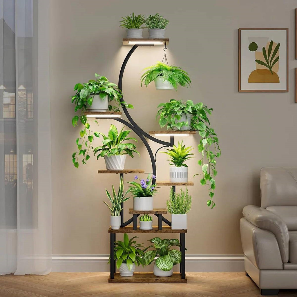 Indoor Plant Stand with Black Metal Frame and Wood Finish Shelves
