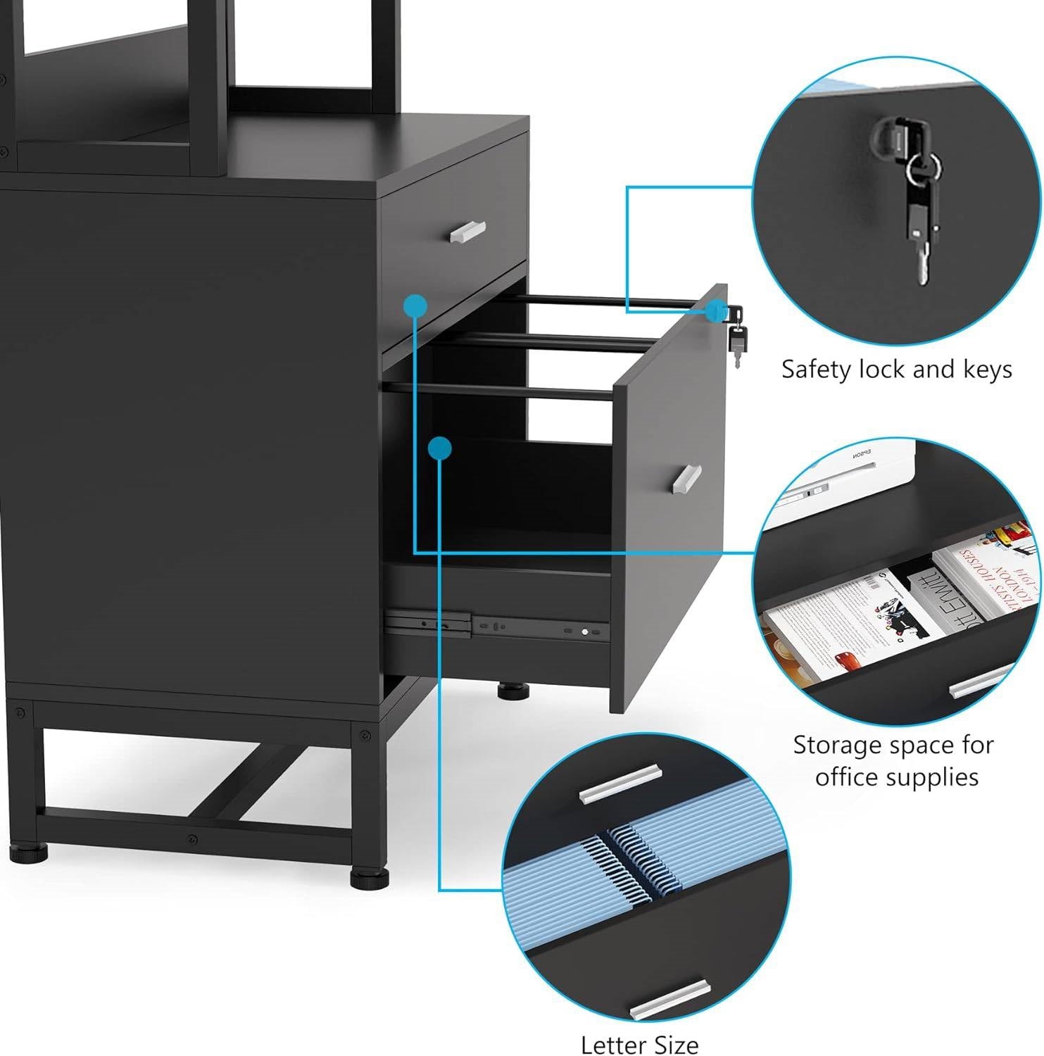 Home Office Lockable 2 Drawer Filing Cabinet Bookshelf in Black Wood Finish
