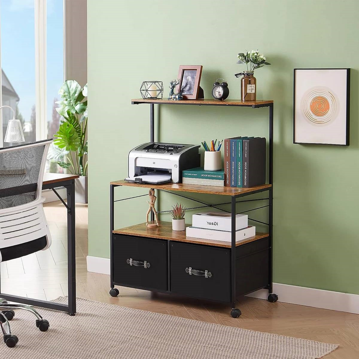 Industrial Metal Wood Printer Stand File Cabinet with Fabric Drawers