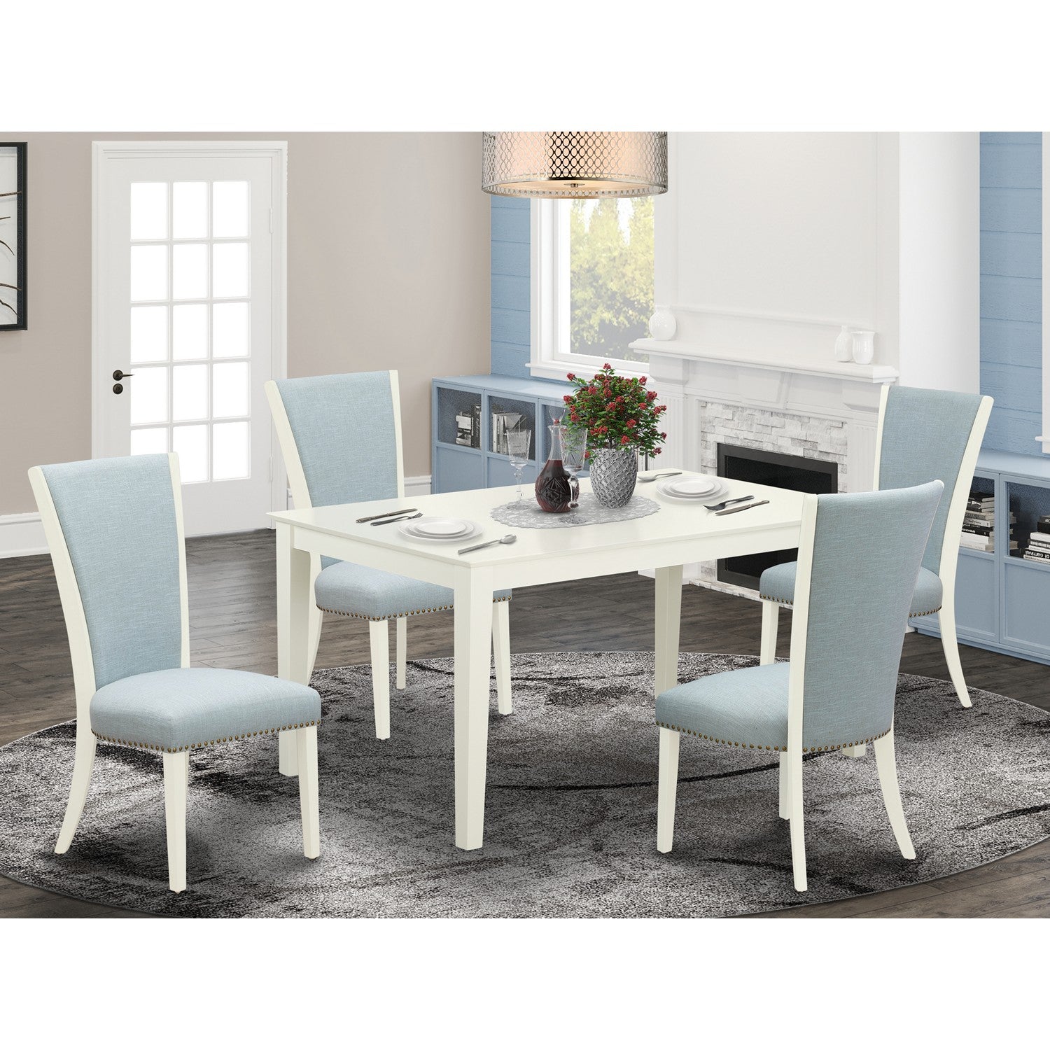 5-Piece Wood Dining Set with Blue Upholstered Chairs