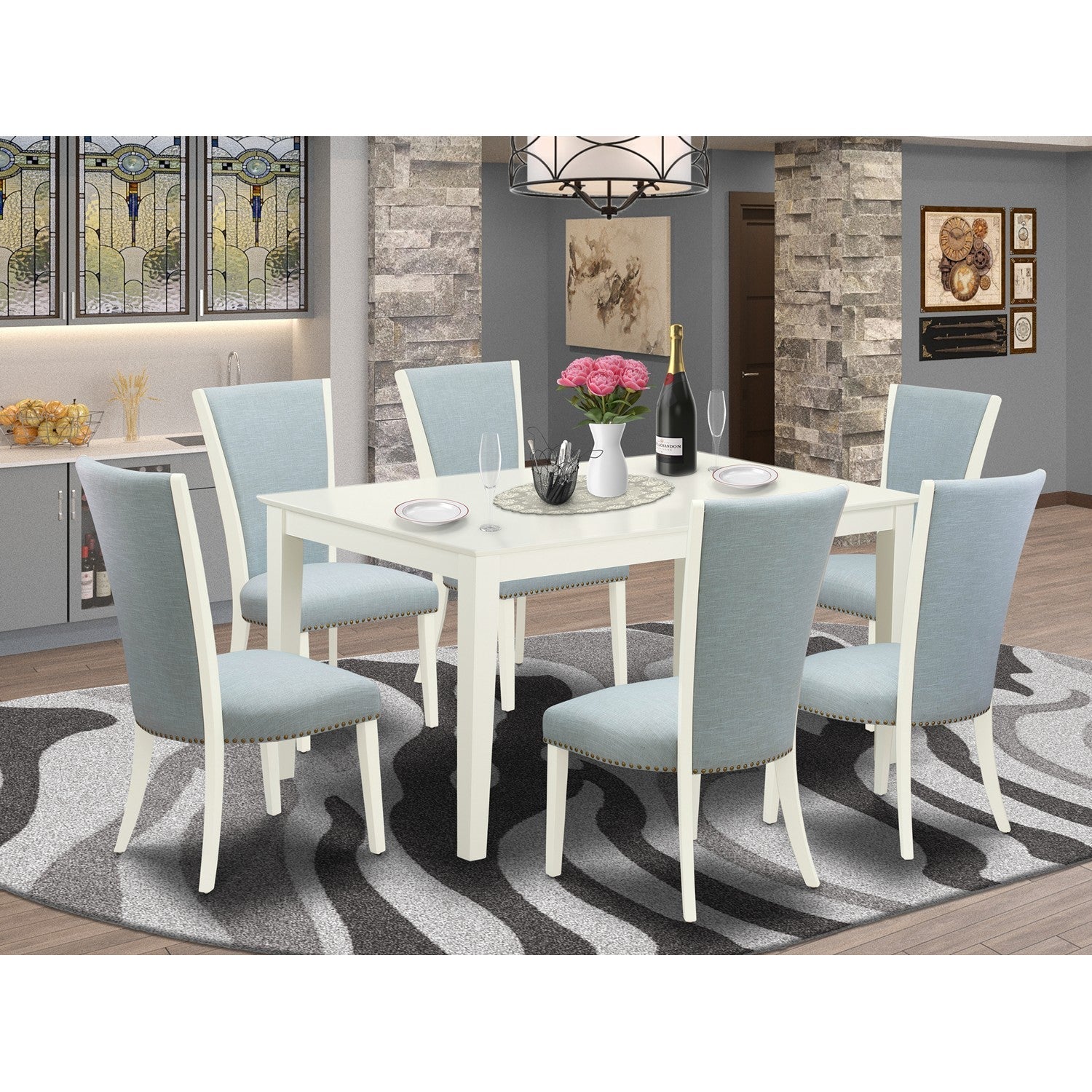 7-Piece Wood Dining Set with Blue Upholstered Chairs