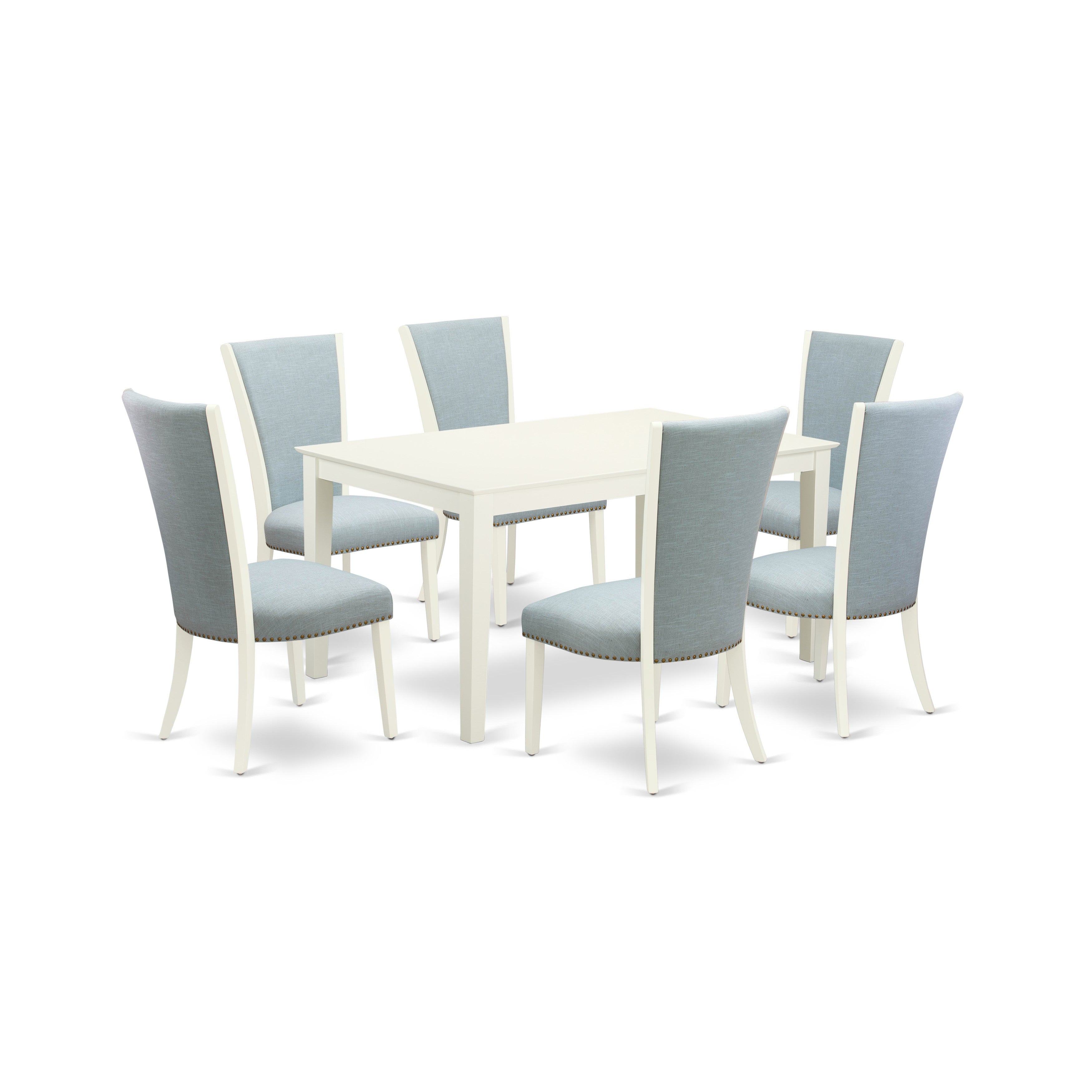 7-Piece Wood Dining Set with Blue Upholstered Chairs
