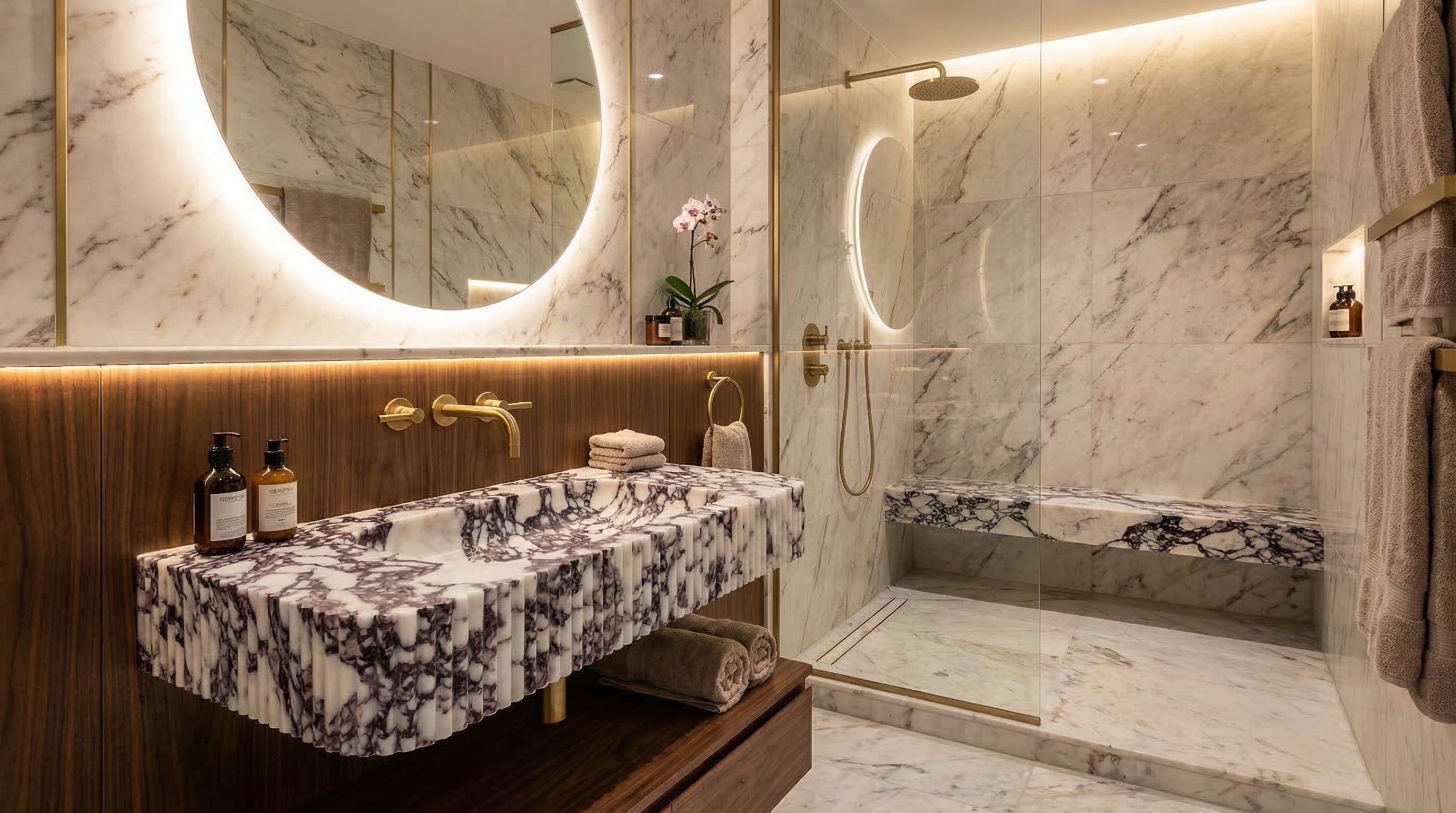 Calacatta Viola Marble Wall-mount Bathroom Vanity Ribbed Textured Front (W)18" (L)32" (H)6"
