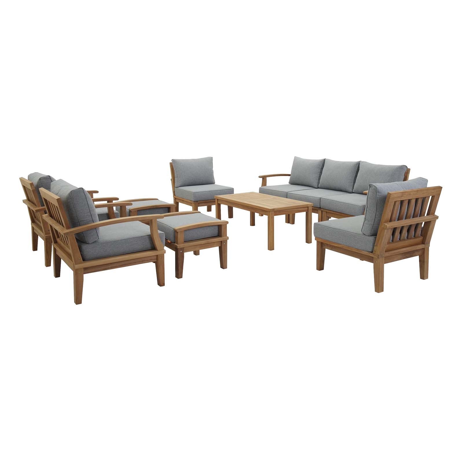 Marina 10-Piece Teak Outdoor Patio Set with Grey Cushions