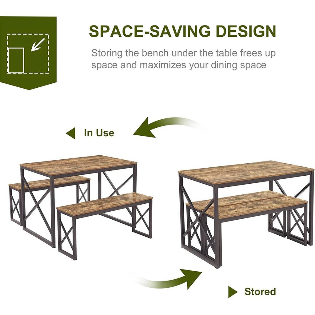 Modern Industrial Wood-Top Kitchen Dining Table Set with 2 Backless Benches