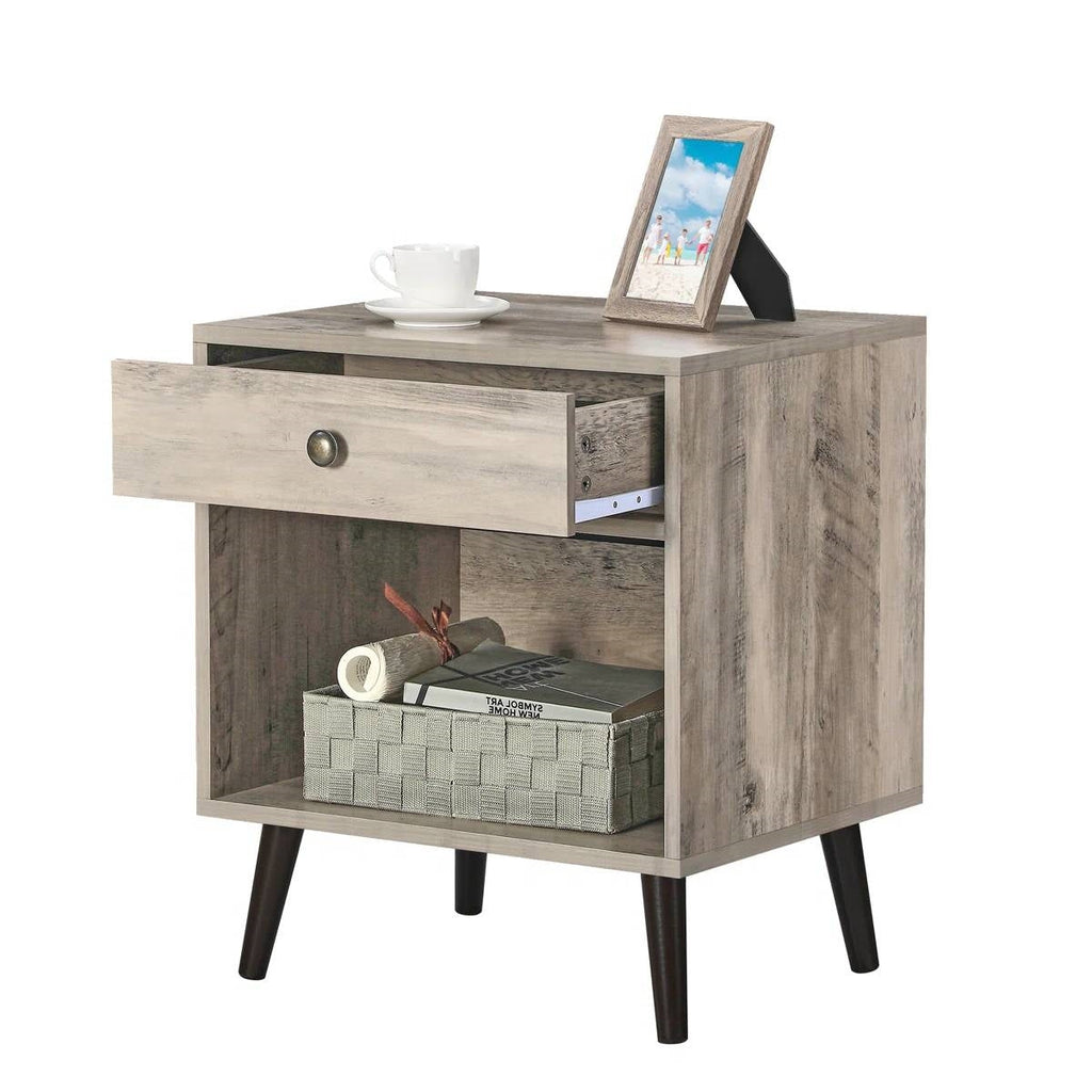 Mid-Century Modern 1-Drawer Nightstand Bedroom End Table in Grey Wood Finish