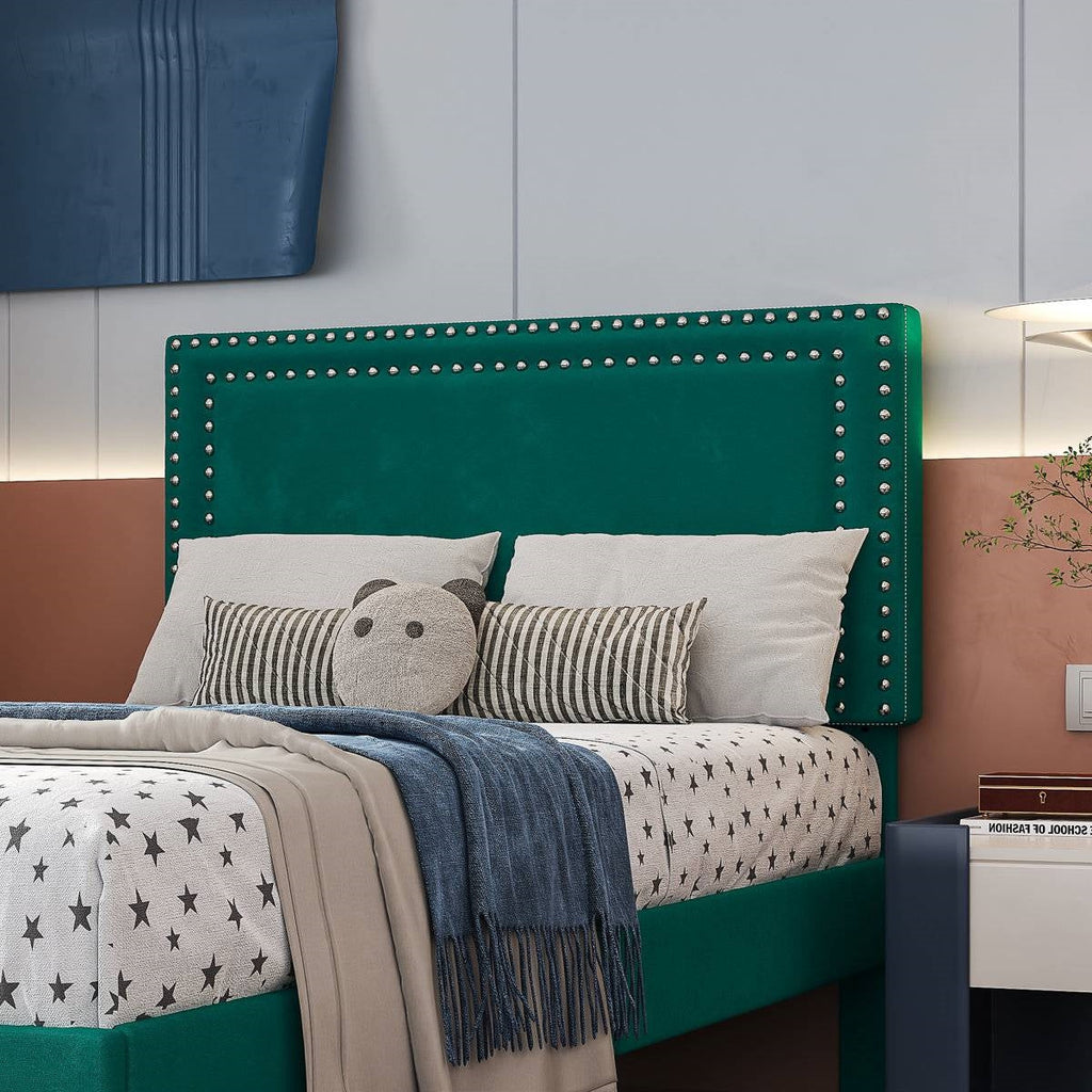 Set of 2 - Twin size Dark Green Upholstered Platform Bed Frame with Headboard