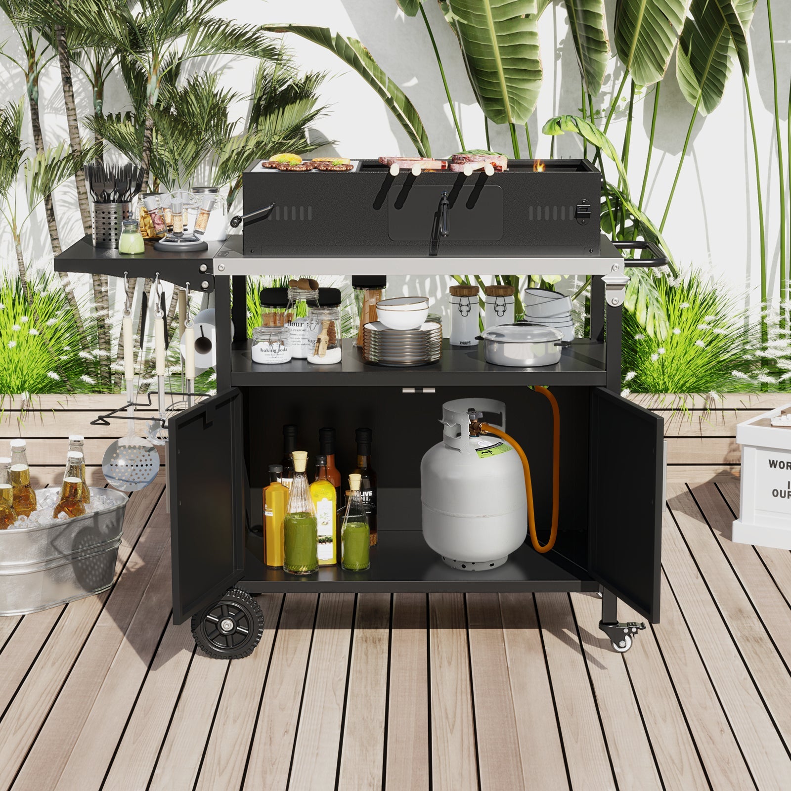 Outdoor Grill Cart with Storage and Folding Stainless Steel Top-Black