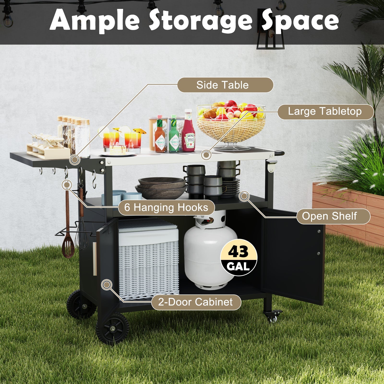 Outdoor Grill Cart with Storage and Folding Stainless Steel Top-Black