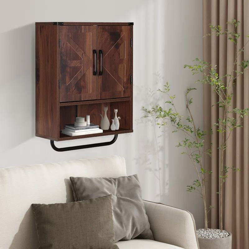 Farmhouse Bathroom Wall Cabinet with Towel Bar in Brown Wood Finish