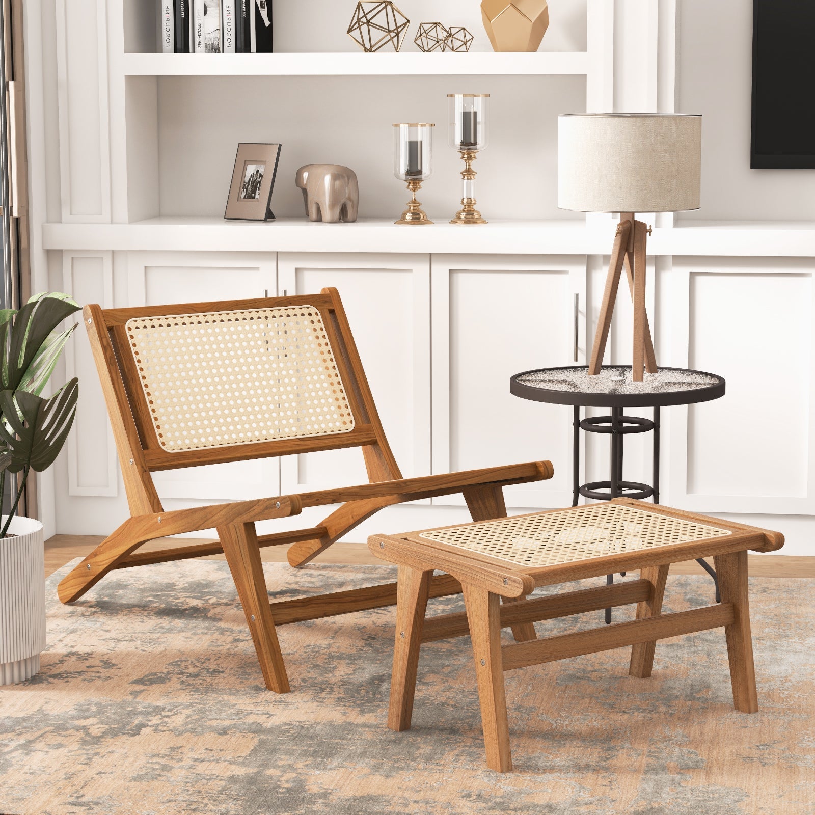 Mid Century Modern Accent Chair Farmhouse Handwoven Rattan Chair with Ottoman