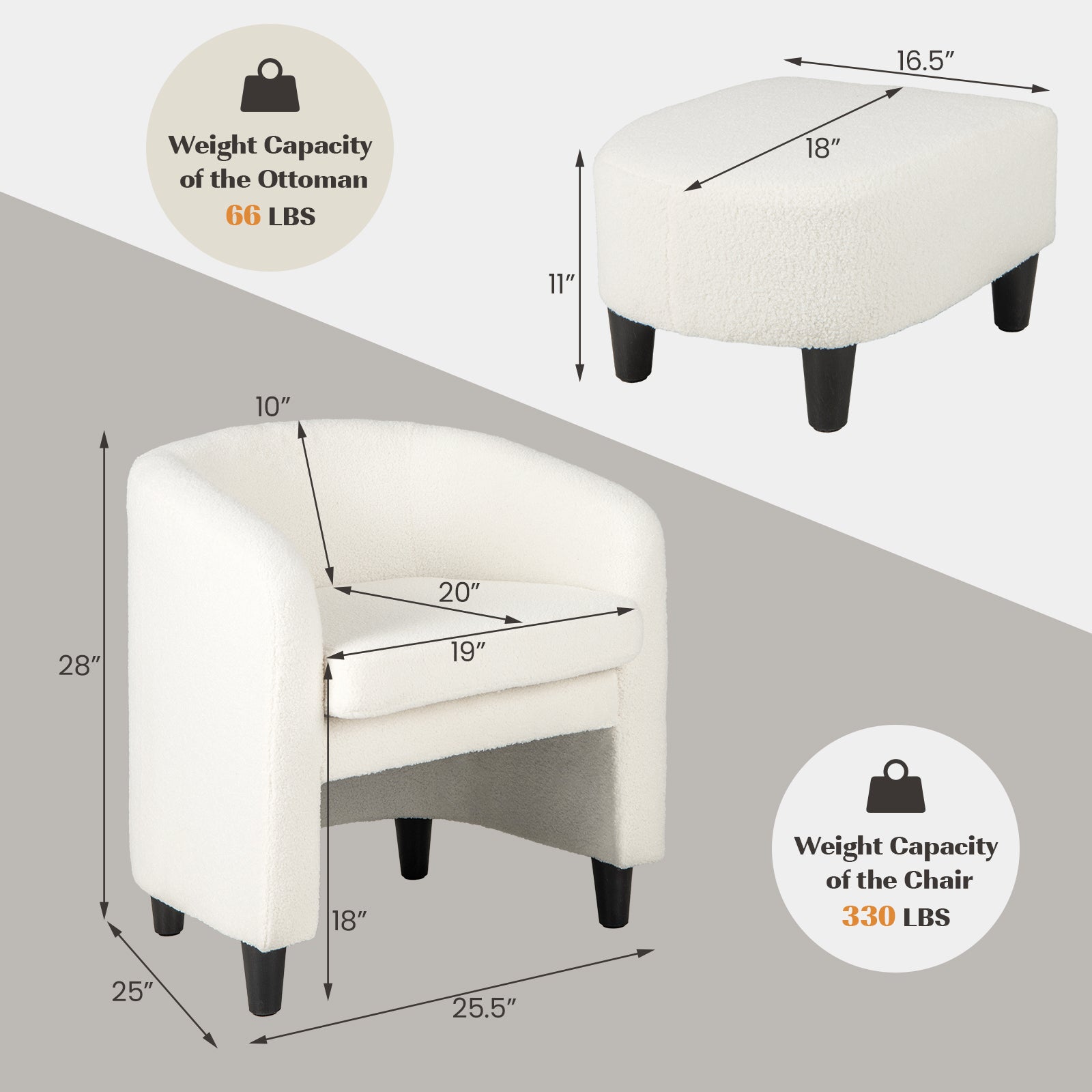 Modern Upholstered Barrel Teddy Velvet Chair with Ottoman