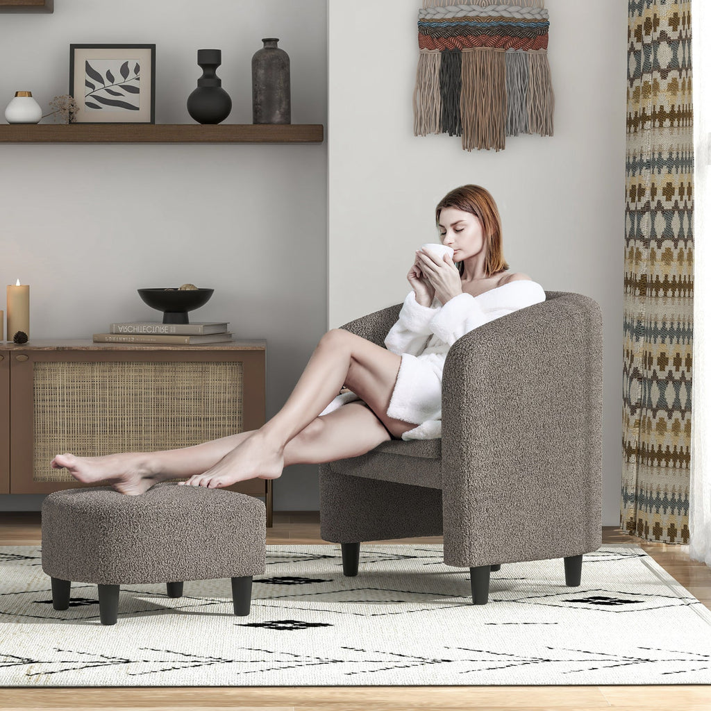 Modern Upholstered Barrel Teddy Velvet Chair with Ottoman