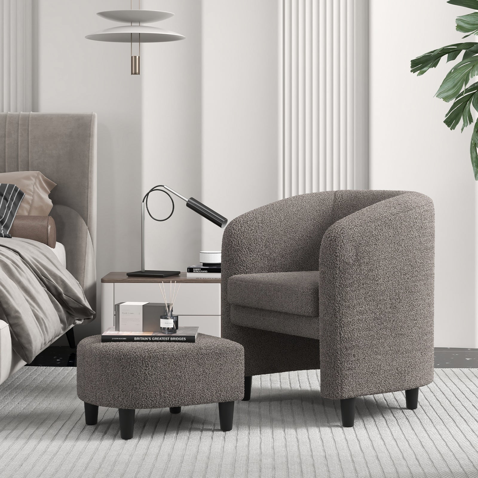 Modern Upholstered Barrel Teddy Velvet Chair with Ottoman